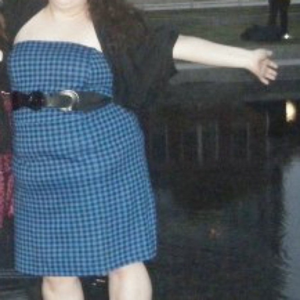 Blue and black houndstooth strapless dress w/ belt